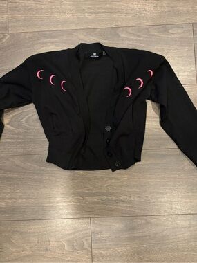 Unlisted Black Cardigan with Pink Crescent Moon Embroidery